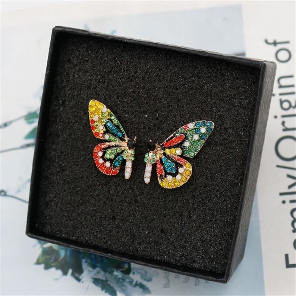 Crystal Butterfly Wings Gold Stud Earrings - Picture 1 of 5